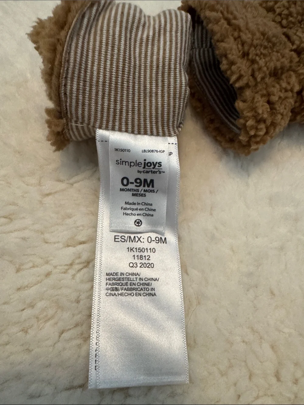 Carter's Tan Sherpa Baby Mittens with Striped Cuff